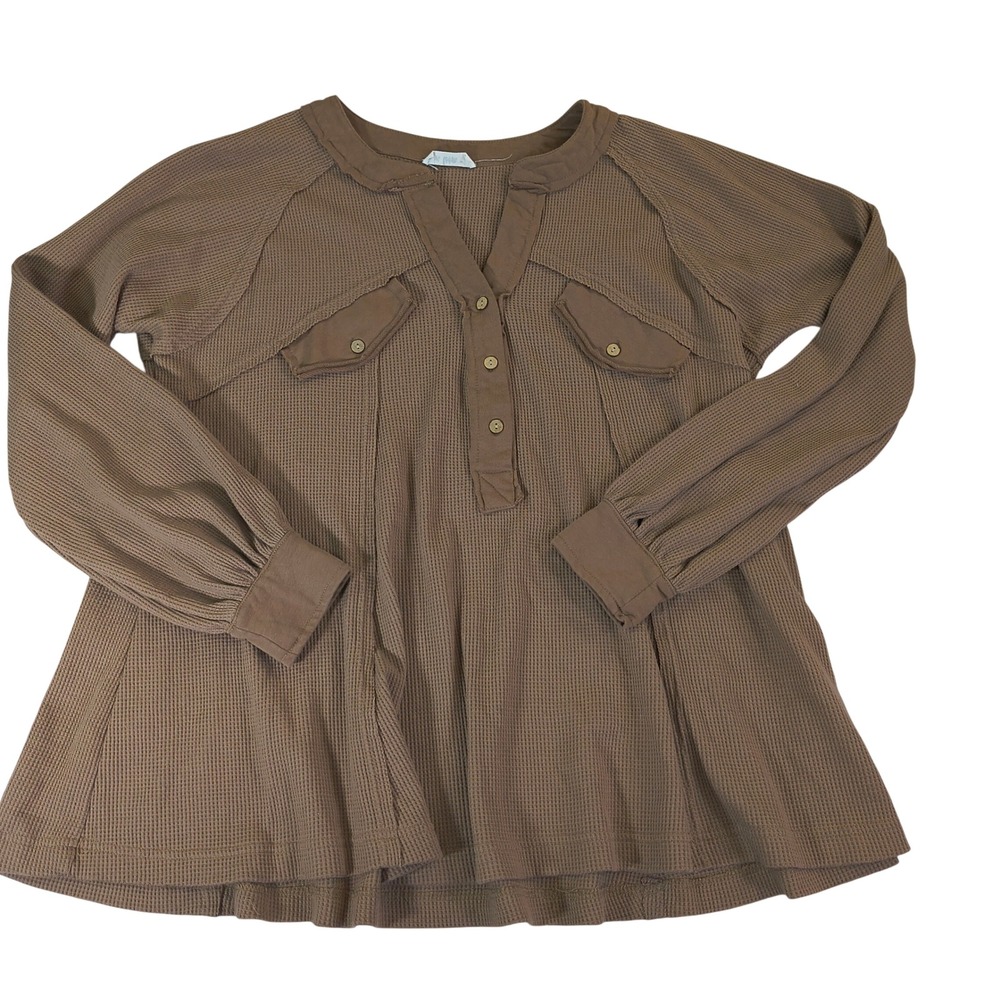 In Loom Brown Waffle Knit Henley Thermal Top Long Sleeve Small IL4425